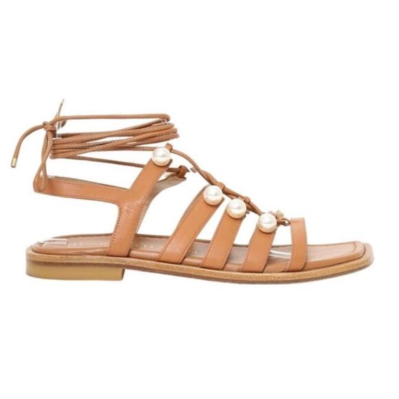 Stuart Weitzman Goldie Lace Up Pearly Leather Ankle-Tie Flat Sandals Tan Size 8 - Picture 1 of 12